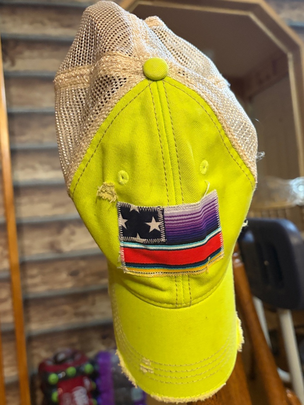 Neon Yellow Mesh-Back Women's Trucker Cap with Flag Patch